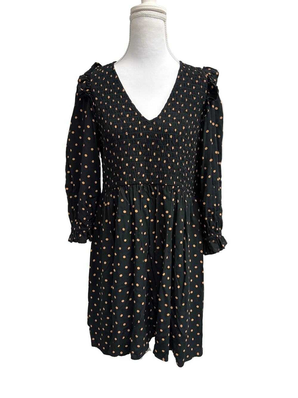 Madewell black dress with rust colored Polk-a-dots